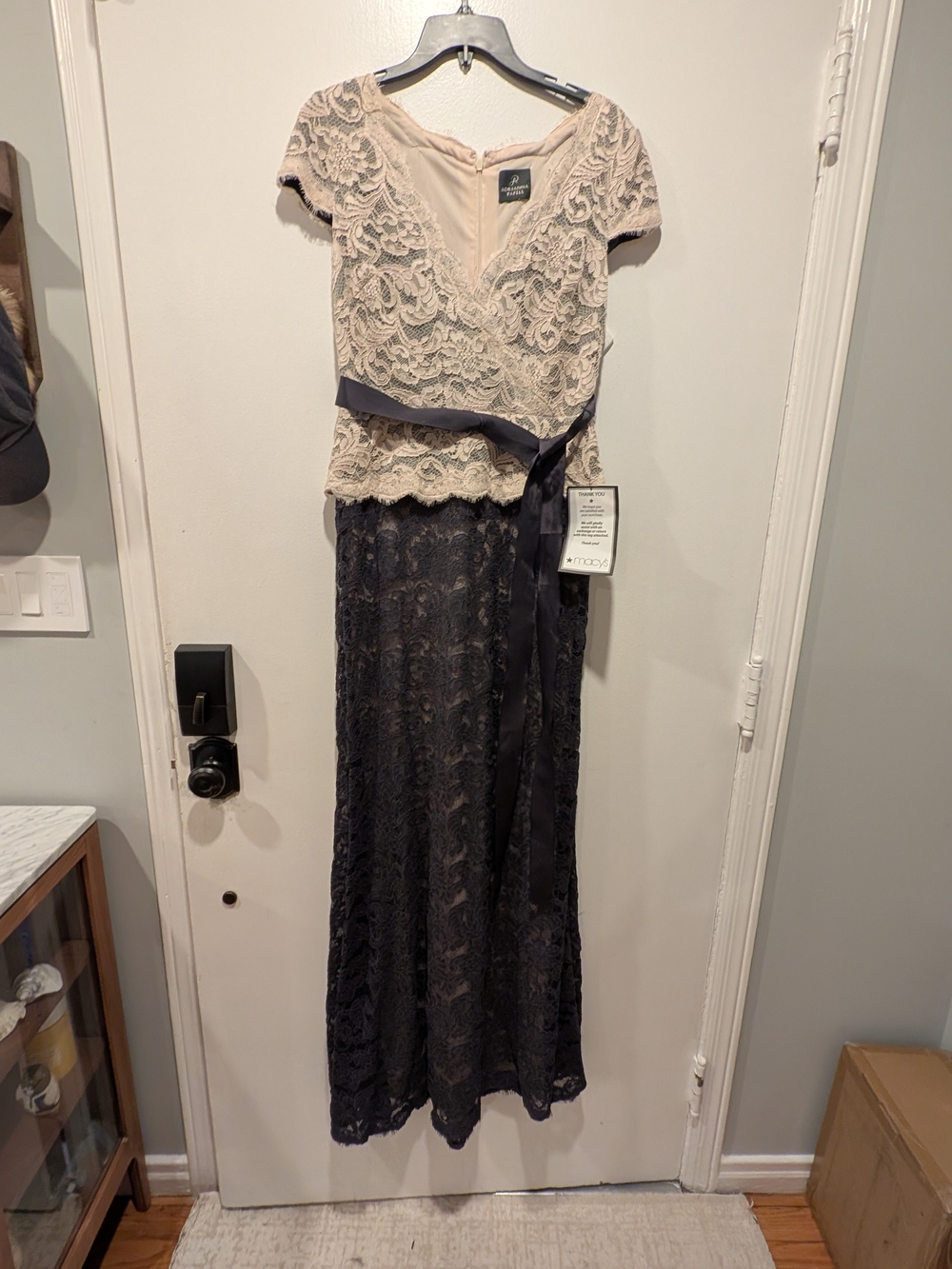 Adrianna Papell Two-Tone Lace Maxi Dress in Beige and Navy